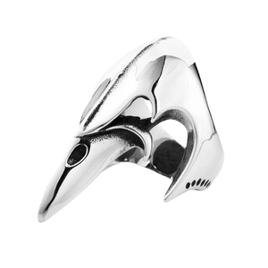 Polished Viking raven skull ring in stainless steel with vintage plague doctor mask design