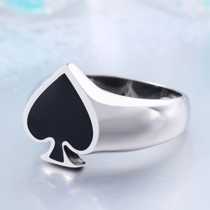 Polished stainless steel ring with black ace of spades pattern for men and women