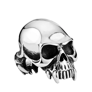 Gothic vampire skull ring in vintage stainless steel with sharp fangs and polished finish