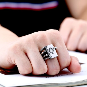 Gothic punk titanium steel skull hand ring with spade card detail for men on finger