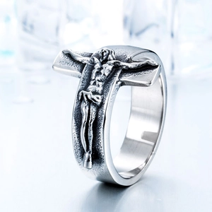 Anillo de Crucifijo de Jesús de Acero Inoxidable Vintage para Hombre Religioso Oxidado Relieve Punk Biker Band Ring Joyería Cristiana
