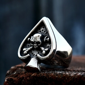 Bague punk vintage as de pique et crâne en acier inoxydable pour homme avec fini oxydé