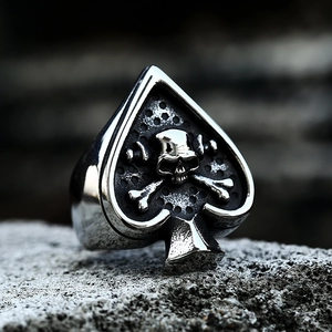 Bague punk vintage en acier inoxydable avec tête de mort et os croisés motif pique