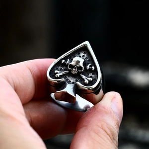 Vue détaillée du relief tête de mort et as de pique sur une bague punk en acier inoxydable