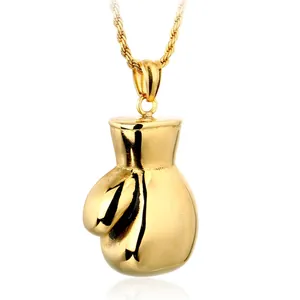 Polished gold stainless steel boxing glove pendant necklace with a durable rope chain