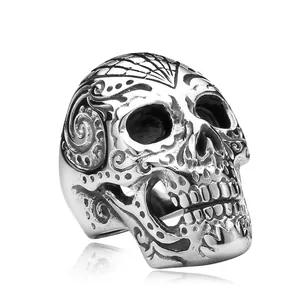 Retro Stainless Steel Skull Ring Men Punk Biker Gothic Ghost Head Finger Jewelry With Spider Web Scroll Pattern