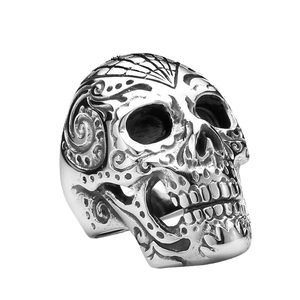 Gothic skull ring for men in vintage stainless steel with spider web engraving