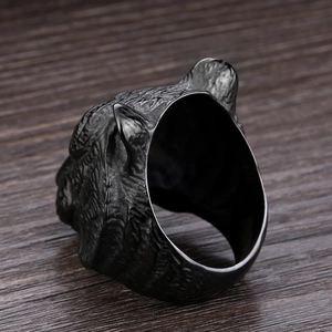 Rugged black titanium steel tiger head ring with detailed carved fur texture for men