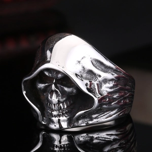 Retro stainless steel grim reaper skull ring with gothic punk design and hood detail