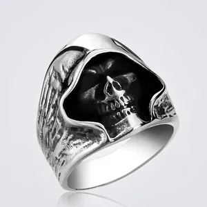 Vintage Stainless Steel Grim Reaper Skull Ring For Men Gothic Punk Comedy Tragedy Theater Mask Biker Fashion Jewelry Ring