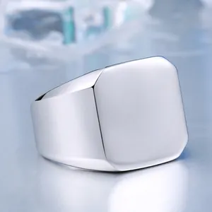Polished Stainless Steel Signet Ring For Men Square Flat Top Geometric Minimalist Band Ring Fashion Male Jewelry Gift