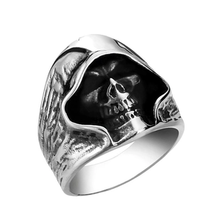 Vintage gothic grim reaper skull ring in hooded design with aged stainless steel finish