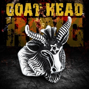 Detailed view of stainless steel goat head ring with pentagram on dark fiery background