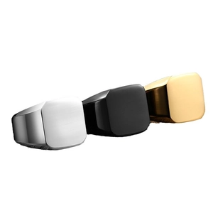Polished men's square signet rings in silver, black and gold finish set of three