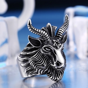 Vintage stainless steel Baphomet ram head ring with pentagram details and retro finish