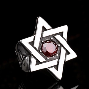 Vintage stainless steel star of david ring for men with round red zircon stone inlay