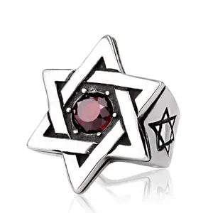Vintage Punk Men Star Of David Ring Stainless Steel Red Zirconia Hexagram Bold Statement Band For Party Biker Jewelry