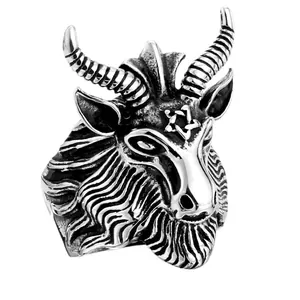 Gothic men's stainless steel ram head ring with pentagram symbol on white background