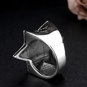 Men's vintage titanium steel star ring with zircon inlay and punk style silver finish
