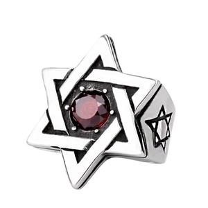 Vintage stainless steel ring for men featuring a hexagram design and red zircon stone