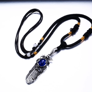 Vintage Titanium Steel Feather Pendant Only Without Chain Retro Ethnic Style Rhinestone Synthetic Gemstone Neck Jewelry