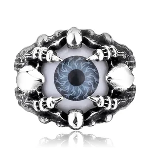 Retro punk gothic blue eyeball ring for men with vintage silver skull claws design