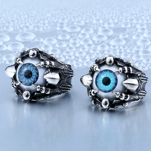 Gothic silver skull devil eye ring for men with deep blue eyeball and metal claws