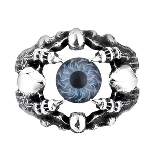 Gothic skull claw ring featuring a blue evil eye stone in a vintage silver finish