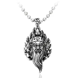 Vintage Titanium Steel Guan Yu Portrait Pendant Necklace For Men Chinese God Of War Carved Retro Jewelry Accessory