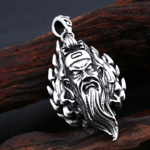 Vintage stainless steel Guan Yu pendant necklace with intricate engraved details