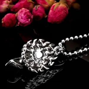 Guan Gong stainless steel pendant on bead chain with flame engraving and vintage finish