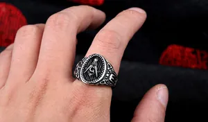 Close-up of vintage stainless steel Freemasonry ring with G symbol on model hand
