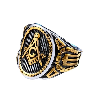 Vintage two-tone Freemasonry stainless steel ring with compass and square G symbol