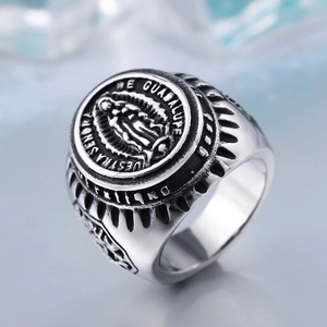 Bague Vierge Marie en Acier Inoxydable Vintage Notre-Dame De Guadalupe Chevalière Religieuse pour Homme Retro
