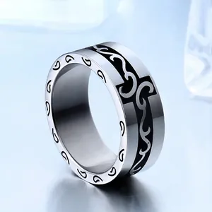 Vintage stainless steel ring with black carved wave patterns and polished silver finish