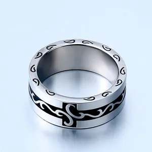 Gothic vintage stainless steel ring with engraved wave and cross pattern for men and women
