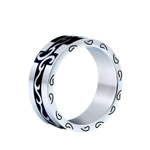 Vintage stainless steel tribal totem ring with black engraved patterns and silver finish