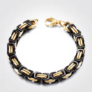 Men's Byzantine Chain Bracelet Titanium Steel Black Gold Two-Tone Geometric Link Bracelet Vacuum Plated Punk Jewelry For Men