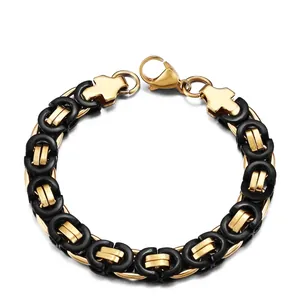 Bracelet Chaîne Byzantine Vintage pour Hommes Acier au Titane Bicolore Noir Or Plaqué Bracelet à Maillons Industriels Lourds