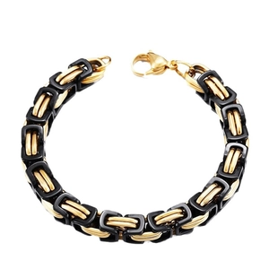 Men's two-tone black and gold square links byzantine chain bracelet with lobster clasp