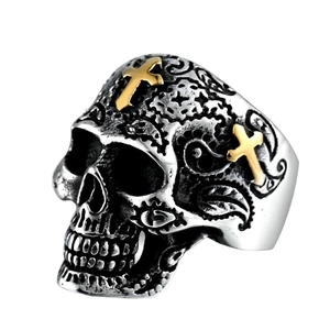 Anillo de calavera punk retro de acero inoxidable con cruces doradas y grabados florales