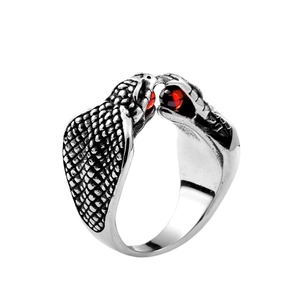 Gothic style double snake ring in silver titanium steel with red ruby gemstone setting