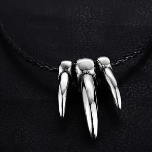 Punk style stainless steel triple beast claw pendant with black braided leather cord necklace