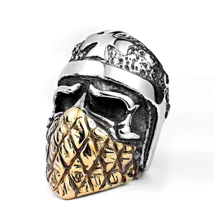 Biker Punk Masked Skull Cross Ring For Men Vintage Gothic Titanium Steel Two-Tone Gold Silver Distressed Band Ring Biker Jewelry