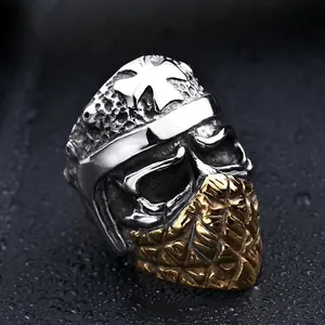 Men's punk stainless steel ring featuring a bicolored skeleton helmet with cross engraving