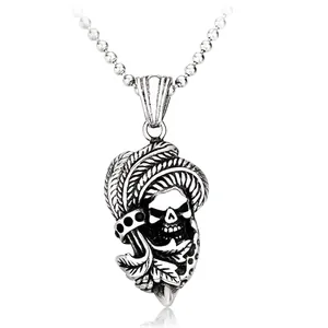 Vintage Titanium Steel Skull Pendant Necklace Men Indian Chief Feather Headdress Rhinestone Gothic Punk Rock Jewelry