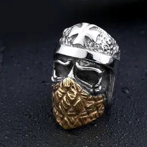 Punk style heavy men's stainless steel skull ring with golden cross helmet and face mask