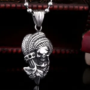 Stainless steel Indian chief skull pendant with feather headpiece and black beads on ball chain