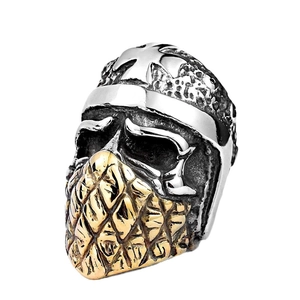 Punk style stainless steel skull ring with cross engraving and gold grid mask