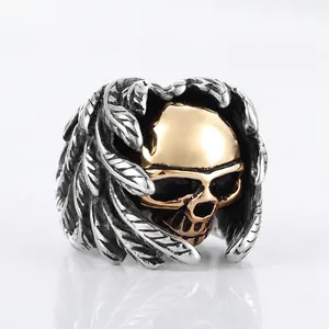Vintage Punk Stainless Steel Feather Skull Ring For Men Gold Silver Two Tone Carved Gothic Skeleton Biker Finger Ring Jewelry Gift